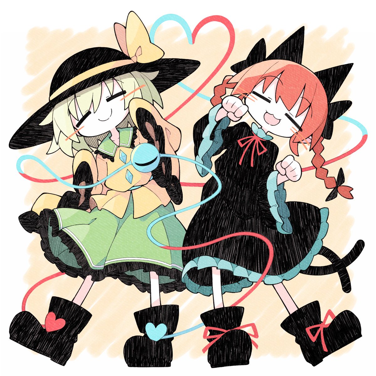 kaenbyou rin ,komeiji koishi multiple girls 2girls hat yellow shirt black headwear tail black footwear  illustration images