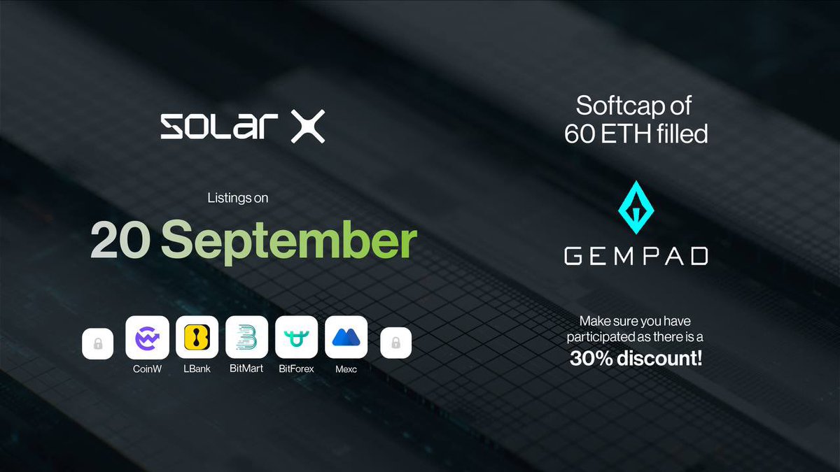 travladd's tweet photo. 🚨@solarxcoin hit their soft cap, over $100,000 raised so far, listing on MEXC, LBANK, Bitmart & more on Wednesday.

If you have been following my coverage of SolarX you’ll be aware of the fact they already showed proof of product too, crypto x solar energy. 

There’s still a chance to get a 30% discounted price: https://t.co/guHau6CGuy

Disclaimer: https://t.co/rE3M45ReCa