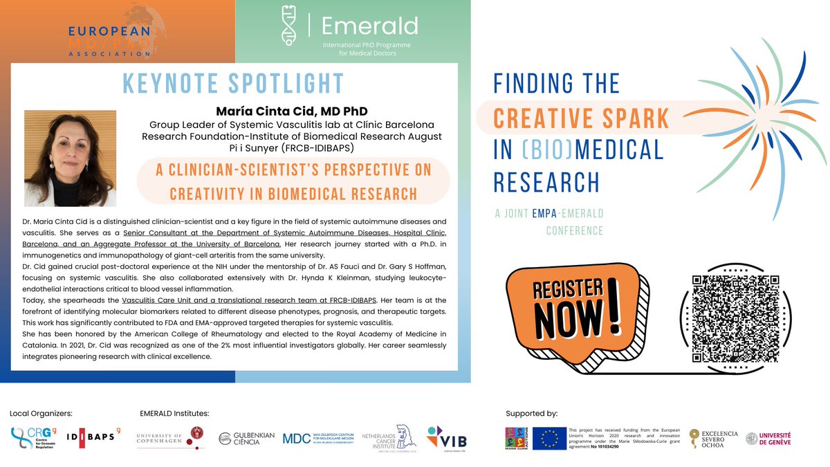 Emerald_science's tweet photo. 🌟Meet Dr. María Cinta Cid from @idibaps! She will share with us an active clinician-scientist perspective on creativity and her outstanding work on vasculitis! 💡🧪 https://t.co/7fSWqAXoQx