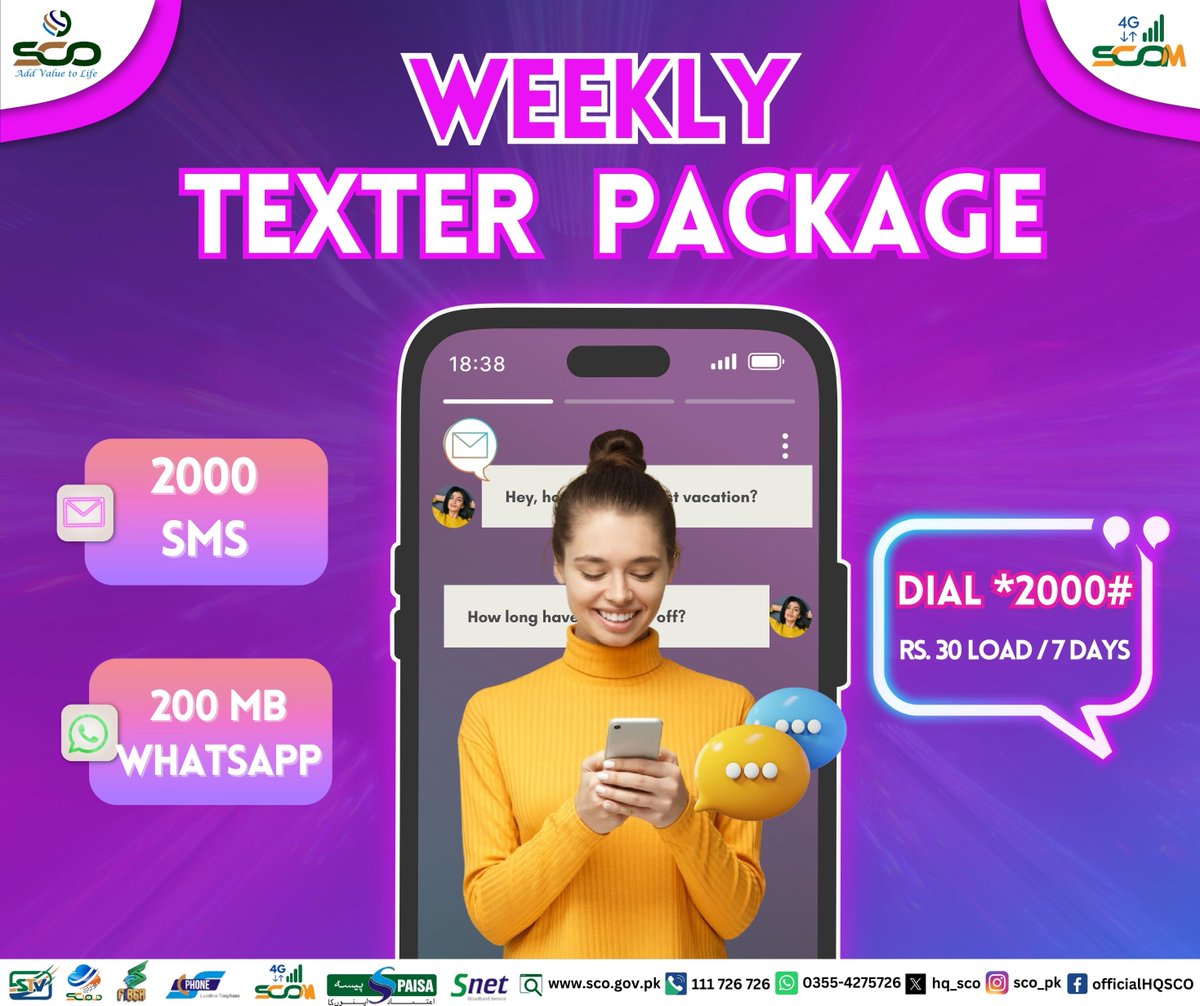 hq_sco's tweet image. Stay Connected with our Weekly Texter Offer 📱
Get 200 MB WhatsApp, 2000 SMS, and Rs. 30 Load all in one amazing package✨
Dial *2000# and enjoy uninterrupted texting and chatting all week long💫
#TexterOffer #StayConnected #WeeklyOffer #SCOM #mobilepackages #stayconnected #SCOM