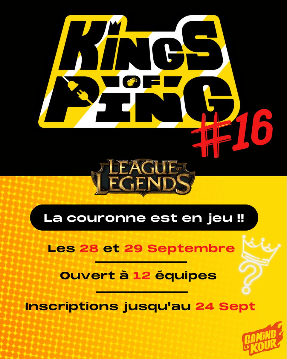 Komen i lé le ban Gamers?

C'est le retour de Kings of Ping 👀👑 

Les inscriptions sont ouvertes dès aujourd'hui pour cette 16ème édition, au lien suivant : play.toornament.com/fr/tournaments… 

Rendez-vous les 28 &amp; 29 Septembre sur twitch.tv/gaminglakour