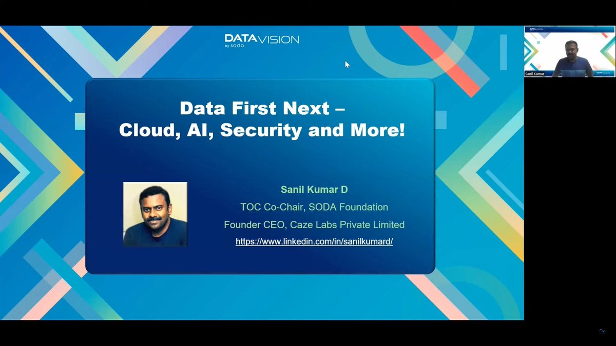 sodafoundation's tweet photo. @sanilkumard the TOC chair for SODA Foundation speaking on Data First Next - Cloud, AI, Security and more! at #DataVision2023. He spoke about the various SODA Foundation projects like Kahu, Strato, Delfin and Crystal and how they can be leveraged to just about solve any problem. https://t.co/dWYdIjTnI9