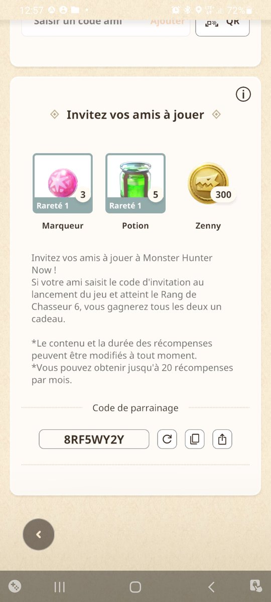 ArgetlamS7's tweet photo. @MH_Now_EN N'hésitez pas à ajouter mon code parrainage et mon code ami
Merci et bonne game. https://t.co/SpokWbutbH