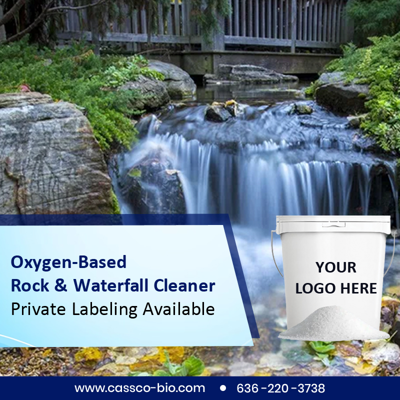 CassCo has been producing natural-based products for over two decades. We offer a full line of private labeled pond water treatment products. Our oxygen-based rock & waterfall cleaner puts the power of oxygen to work in your pond. #pondsupplies #backyardwaterfall #pondproducts