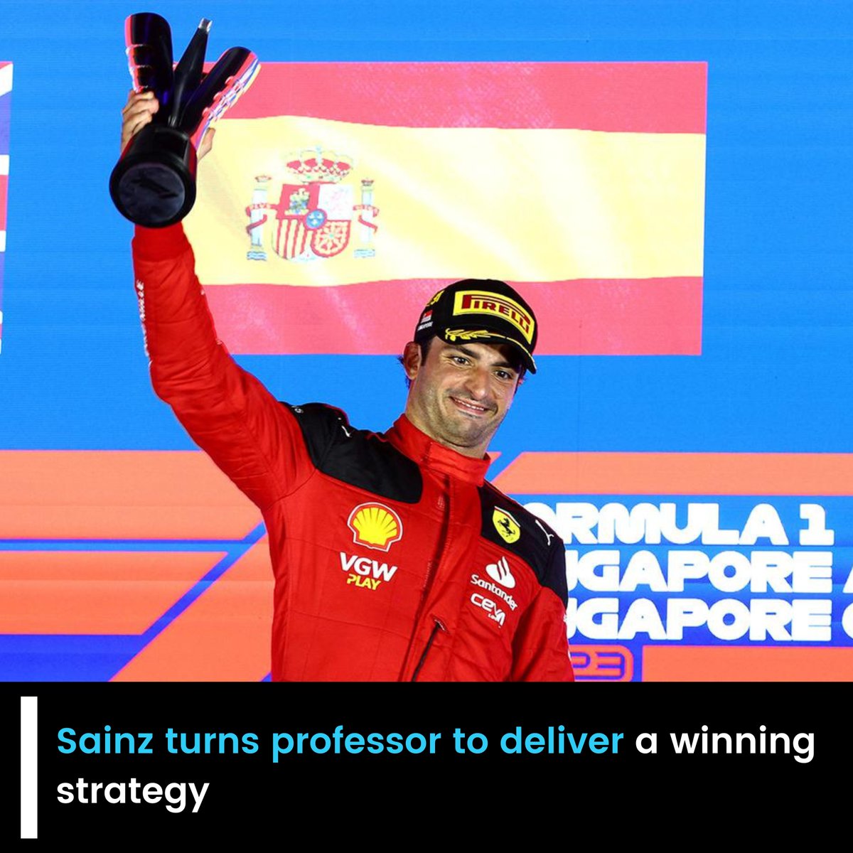 Sportsmonks's tweet photo. Carlos Sainz, the 'Smooth Operator,' showcased strategic brilliance at the Singapore Grand Prix, managing the race expertly and securing victory. 🏁👏 #F1 #SingaporeGP #CarlosSainz #StrategicWin #SportsMonks https://t.co/jkmrrE1Dnz