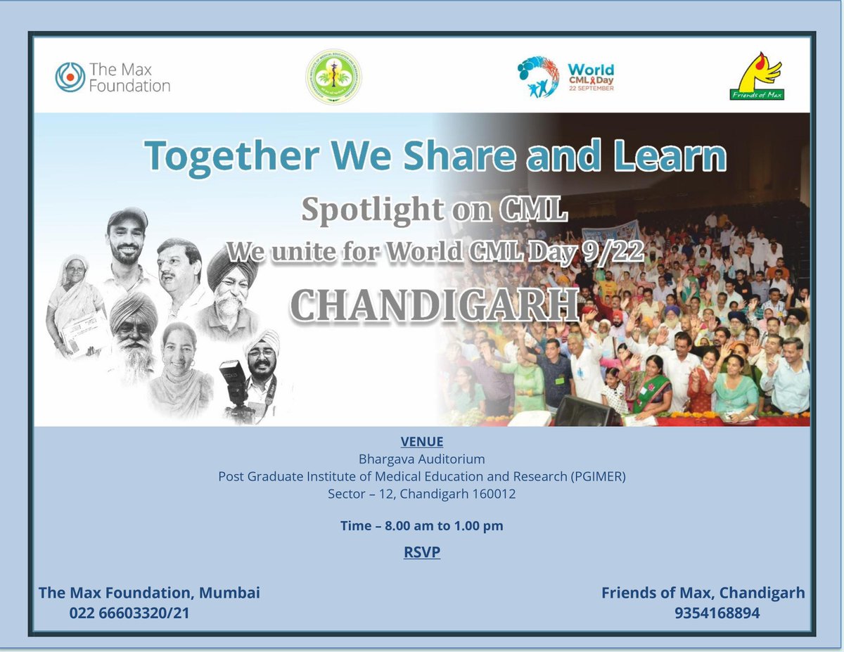 🎉Announcement🎉
 
 In commemoration of #worldcmlday 2023, @themaxfoundation and @cmlgistsupportgroup in association with @pgimer_chandigarh are organizing a Support Group Meeting for CML patients and caregivers in Chandigarh.