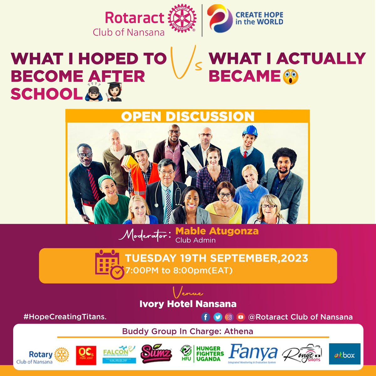 rctnansana's tweet image. FELLOWSHIP ALERT!!!
Stories of What we wanted to become after school Vs What we actually became can't be exhausted in 1 hour BUT....., spare time this Tuesday &amp;amp; join us as we discuss the topic. Our @NsaigaM will moderate the discussion.
#HopeCreatingTitans
#CreatingHopeInTheWorld
