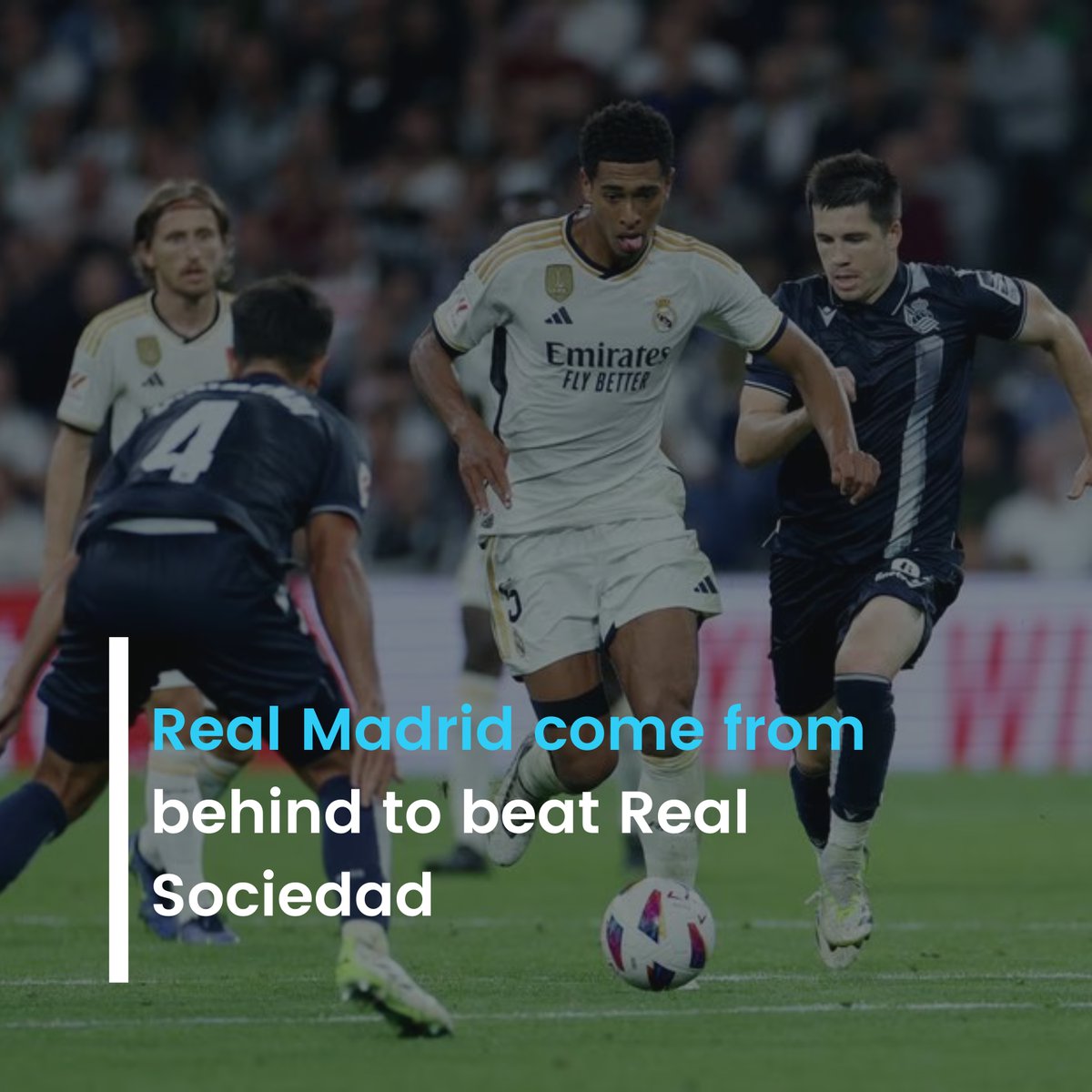 Sportsmonks's tweet photo. Real Madrid clinches a 2-1 victory over Real Sociedad, regaining the top spot in LaLiga. Their perfect league run continues with 15 points, two ahead of Barcelona. Valverde and Joselu seal the win after Sociedad's initial lead. #RealMadrid #LaLiga #Soccer #SportsMonks https://t.co/2XZV3Df6OQ