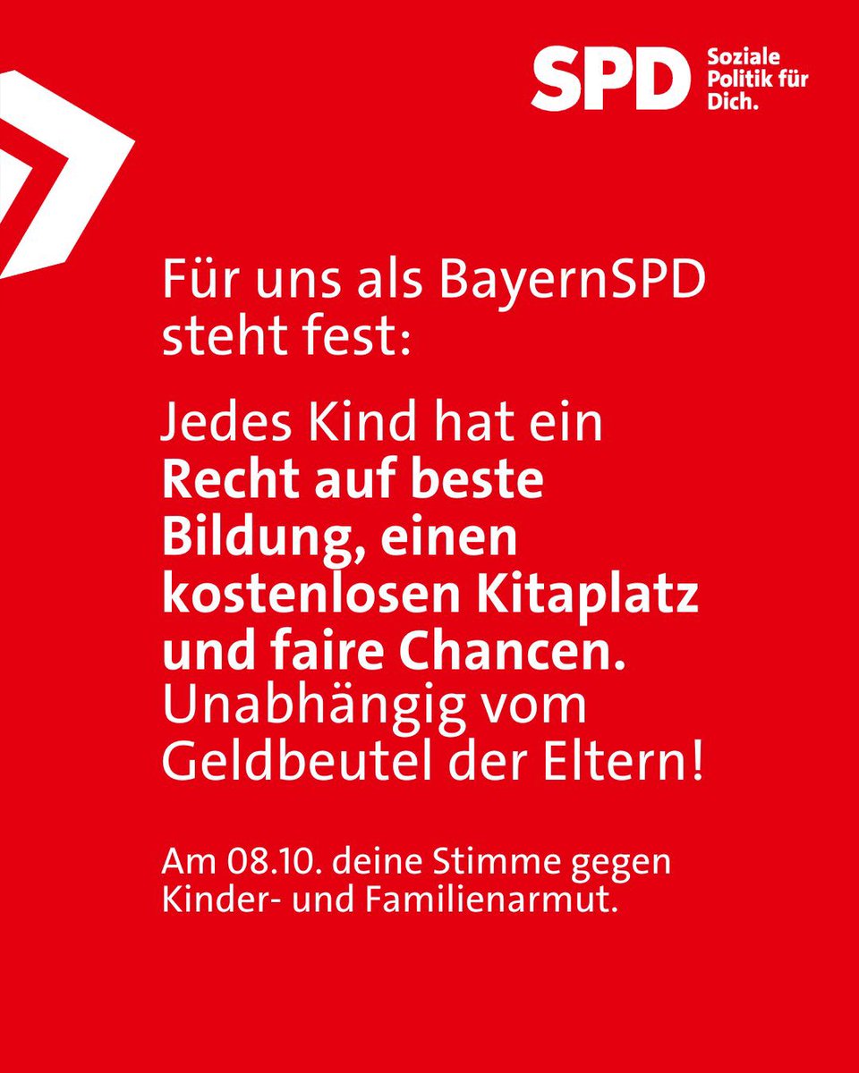 Für uns als SPD ist klar: Kinder können nichts dafür, wenn ihre Eltern in Not sind. Wir wollen, dass alle Kinder die gleichen fairen Chancen haben - egal wie viel ihre Eltern verdienen!

Das ist der Unterschied zwischen SPD und CSU.

#sozialepolitikfürdich