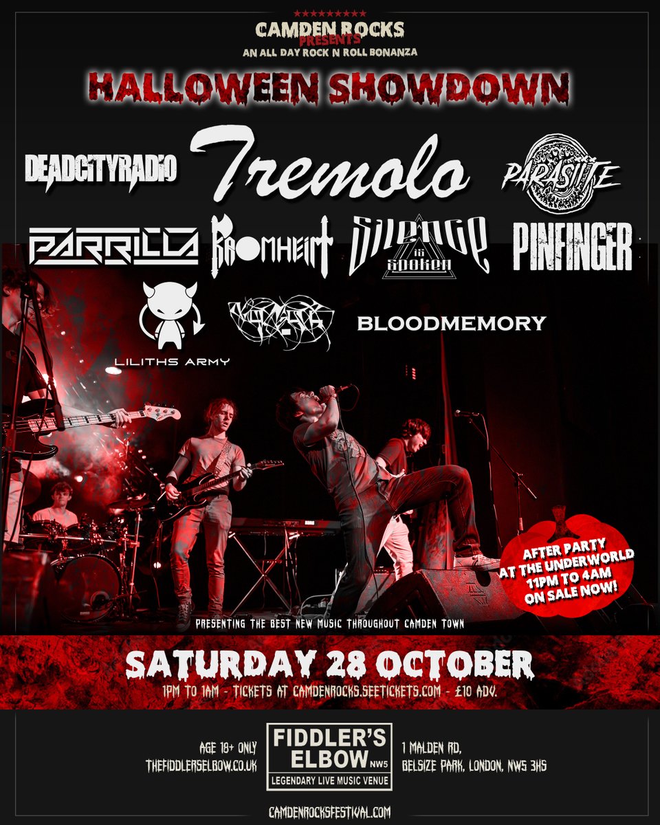 CamdenRocksFest's tweet photo. NEW SHOW 📣 #CamdenRocks presents an all-day #Halloween rock-n-roll bonanza with #Tremolo @OpensightBand @UK_Parrilla @Pinfinger2 &amp; more live at @FiddlersCamden, Saturday 28 October followed by our after party at @TheUnderworld.

Tickets &amp; Band Links 🎟️ https://t.co/KPv5os3iBs https://t.co/L0t0mhuONu