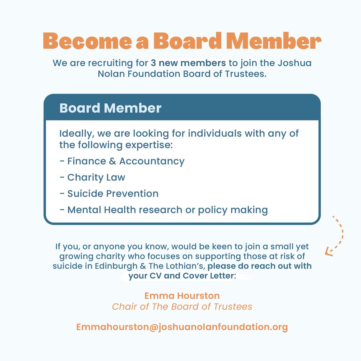 TheJNF's tweet image. 📣 WE’RE HIRING 

We’re recruiting for 3 members to join the JNF Board Of Trustees. 

👇 See below for more information.

📧 To apply: email your CV and cover letter to Emma Hourston at emmahourston@joshuanolanfoundation.org 

#recruiting #applynow #boardmember #hiring #volunteer