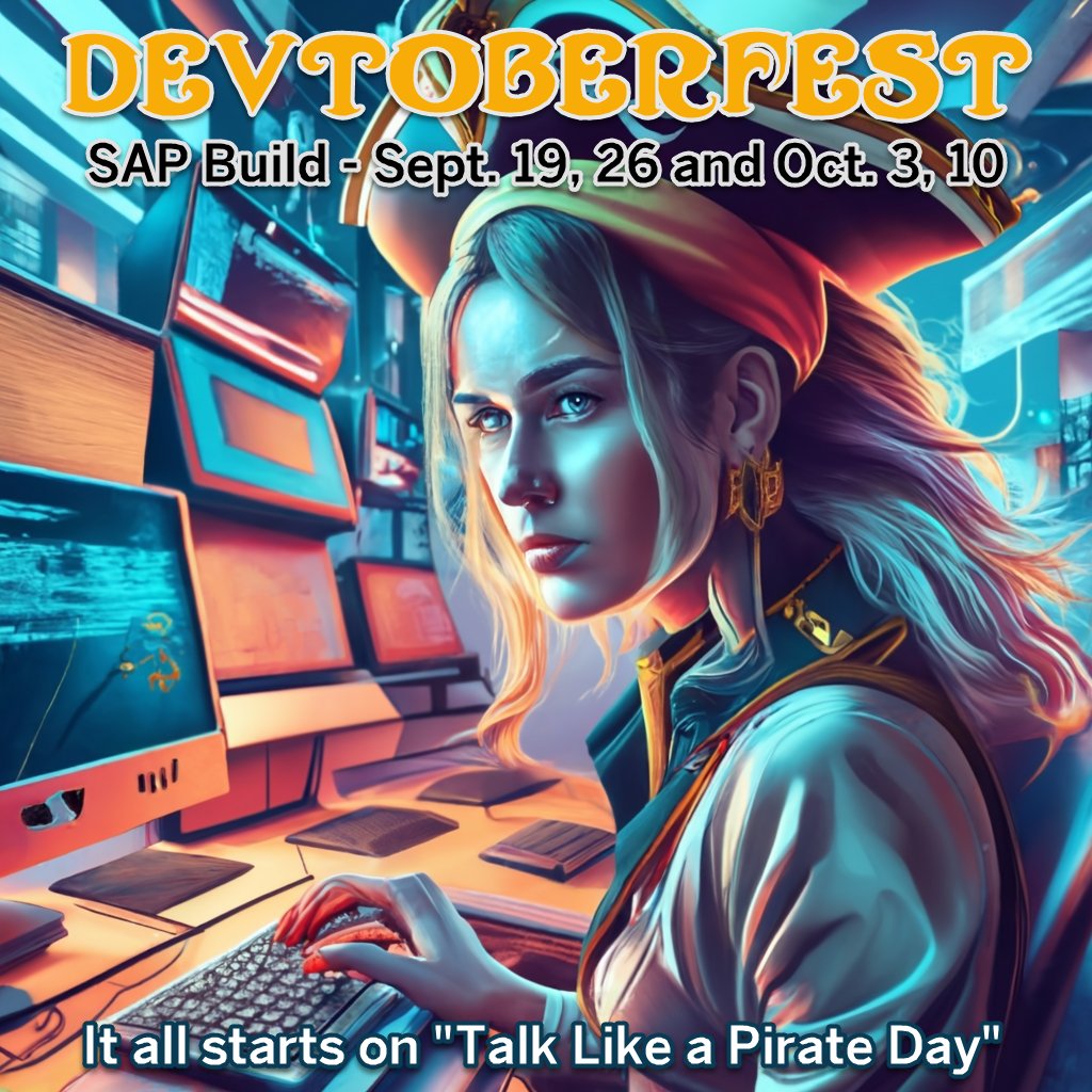 Ahoy! On the morrow's "Talk Like a Pirate Day" ... it's also me first day o' the SAP Build sessions in Devtoberfest!!

Sign up for all the SAP Build sessions: groups.community.sap.com/t5/devtoberfes…

<a href="/SAPBuild/">SAP Build</a> #NoCode