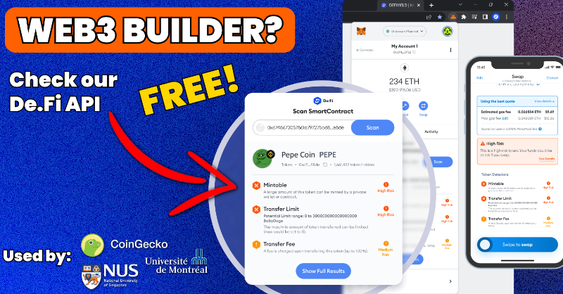 De_FiSecurity's tweet photo. 🚨 At https://t.co/pBh2j0vIsX we have spent millions of dollars on the development of Web3's First Antivirus &amp; other leading products.

⚡️ You can build the same for free.

Yes, we promise to not charge you anything.

Access the API here 👇