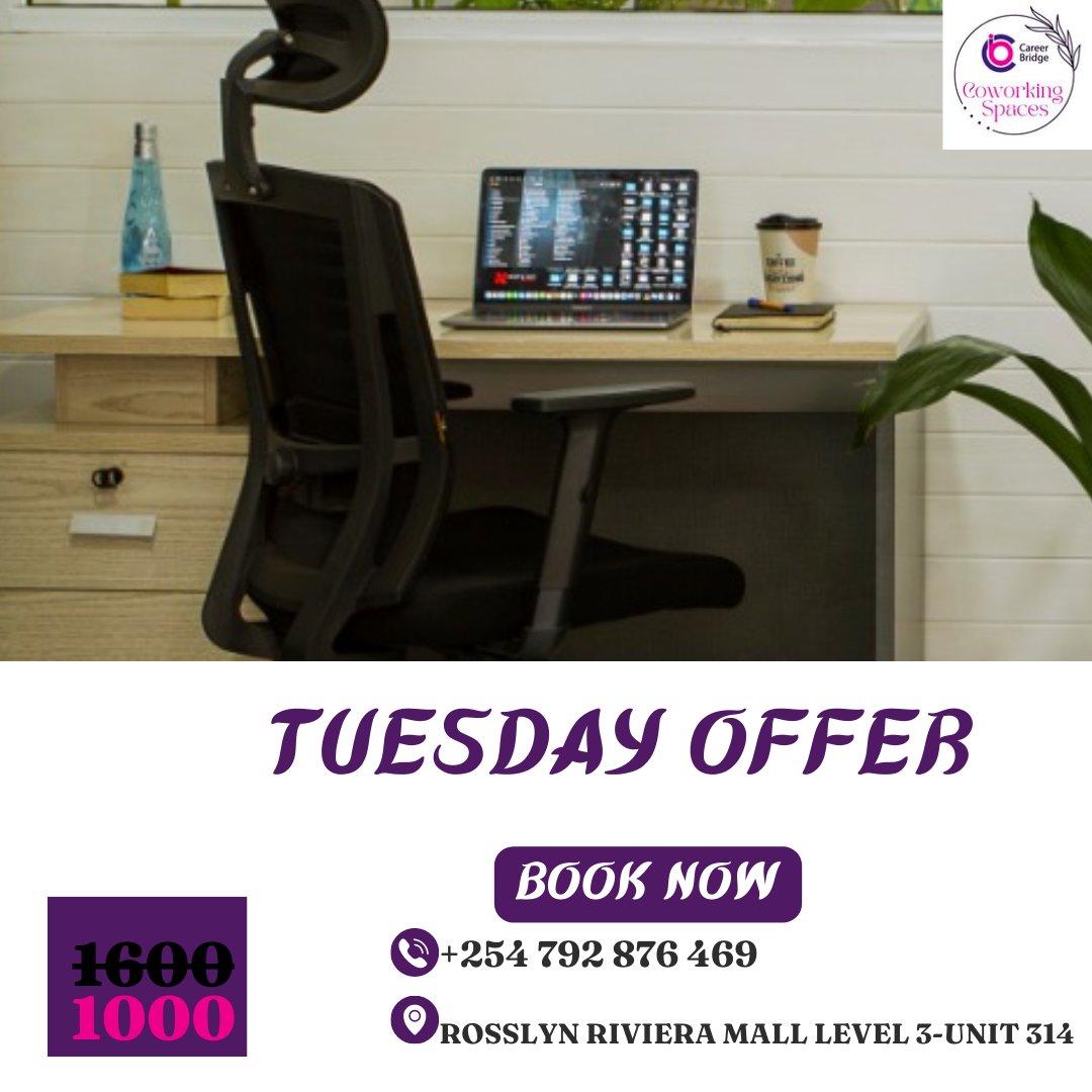 One step is the start of your journey.  Start with our Tuesday Day-Pass offer at Kes. 1,000 only from 8am to 7pm. Our Vibrant Workspace gives a space for you to escape the funk and embrace inspiration in a serene workspace.
#coworking #workinstyle #premiumworkspace #workingdesk