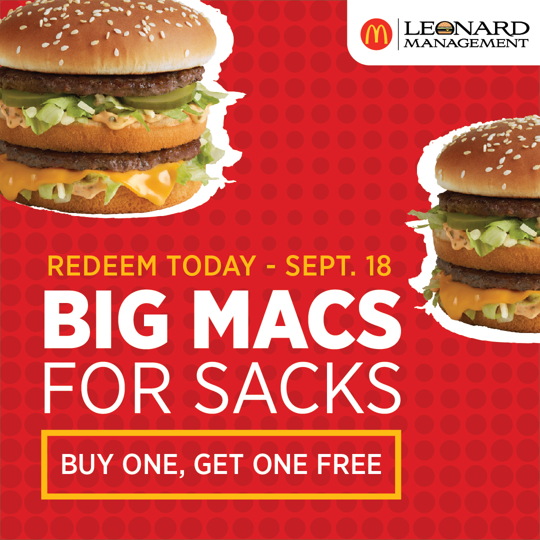 Thanks to the Huskers sack on Saturday, you all get to celebrate with BOGO Big Macs® today! 🍔🏈 Go Big Red! ❤️

Available at participating locations in Omaha, Norfolk, Fremont, Wayne, Blair, and O’Neill. See locations here: bit.ly/3uhTDMr