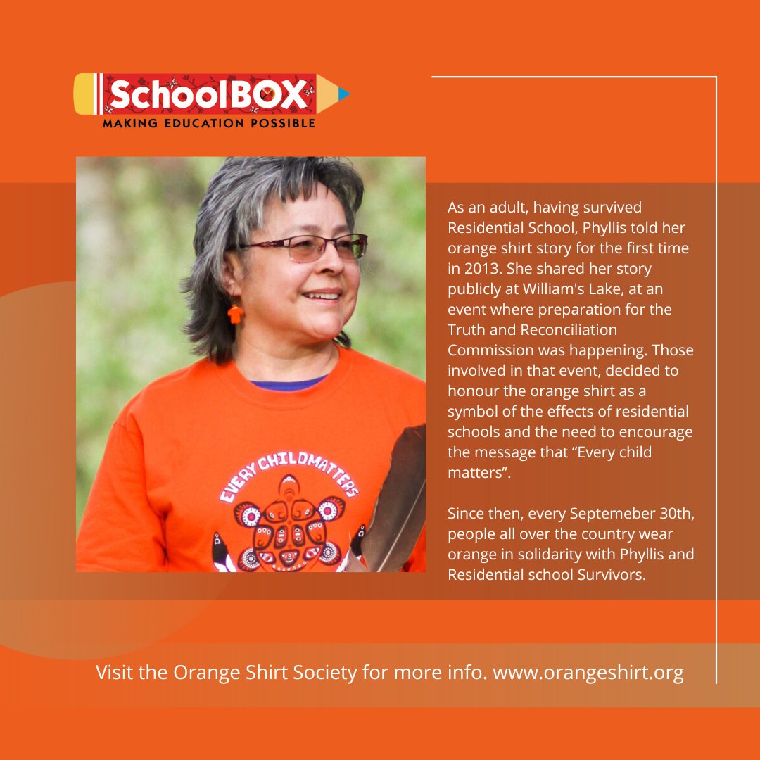 Sept 30th is around the corner, and at SchoolBOX we recognize the significance of what is known as Orange Shirt Day. But what is it? Read above to learn the true story of Phyllis Webstad and her orange shirt.

#orangeshirtday #truthandreconcilation #everychildmatters