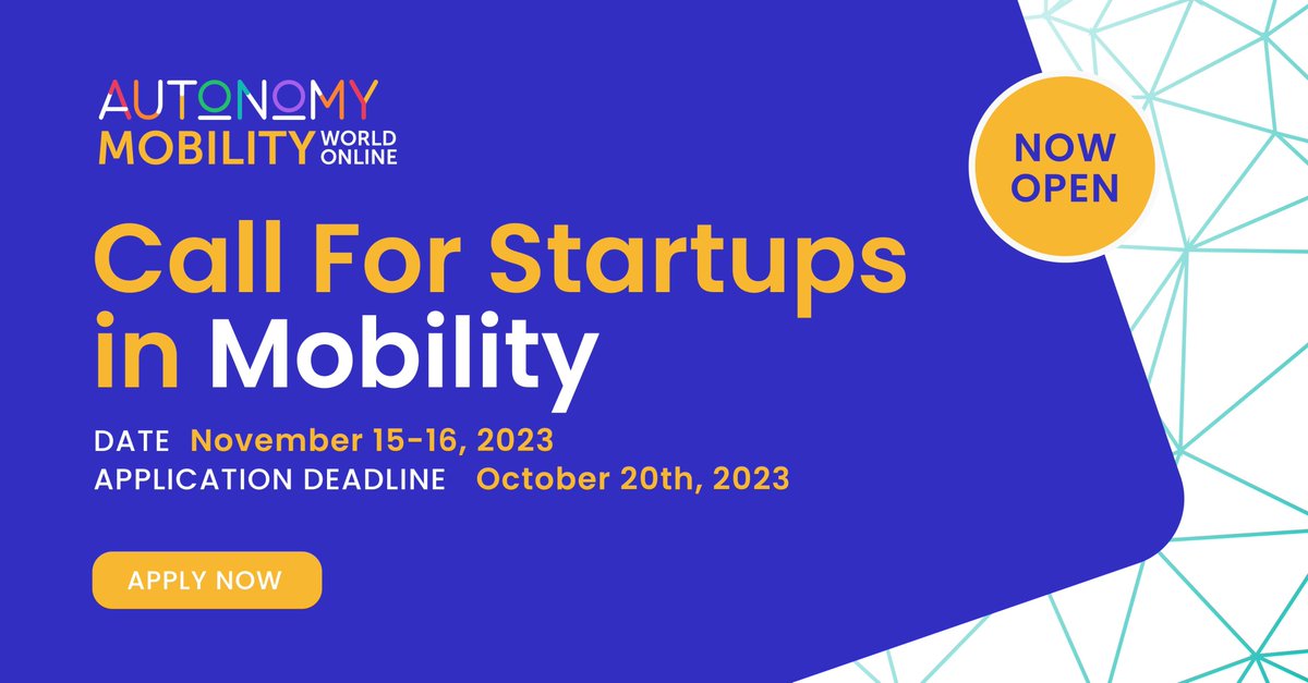 📢 CALL FOR STARTUPS📢 🚨 Are you a startup in Mobility, especially in E-mobility, Shared and subscription Mobility models, or Mobility data? Date: November 15-16, 2023. Application deadline: October 20th, 2023 📍 Location: Digital only! Register Here ➡️ bit.ly/3Py1MZf