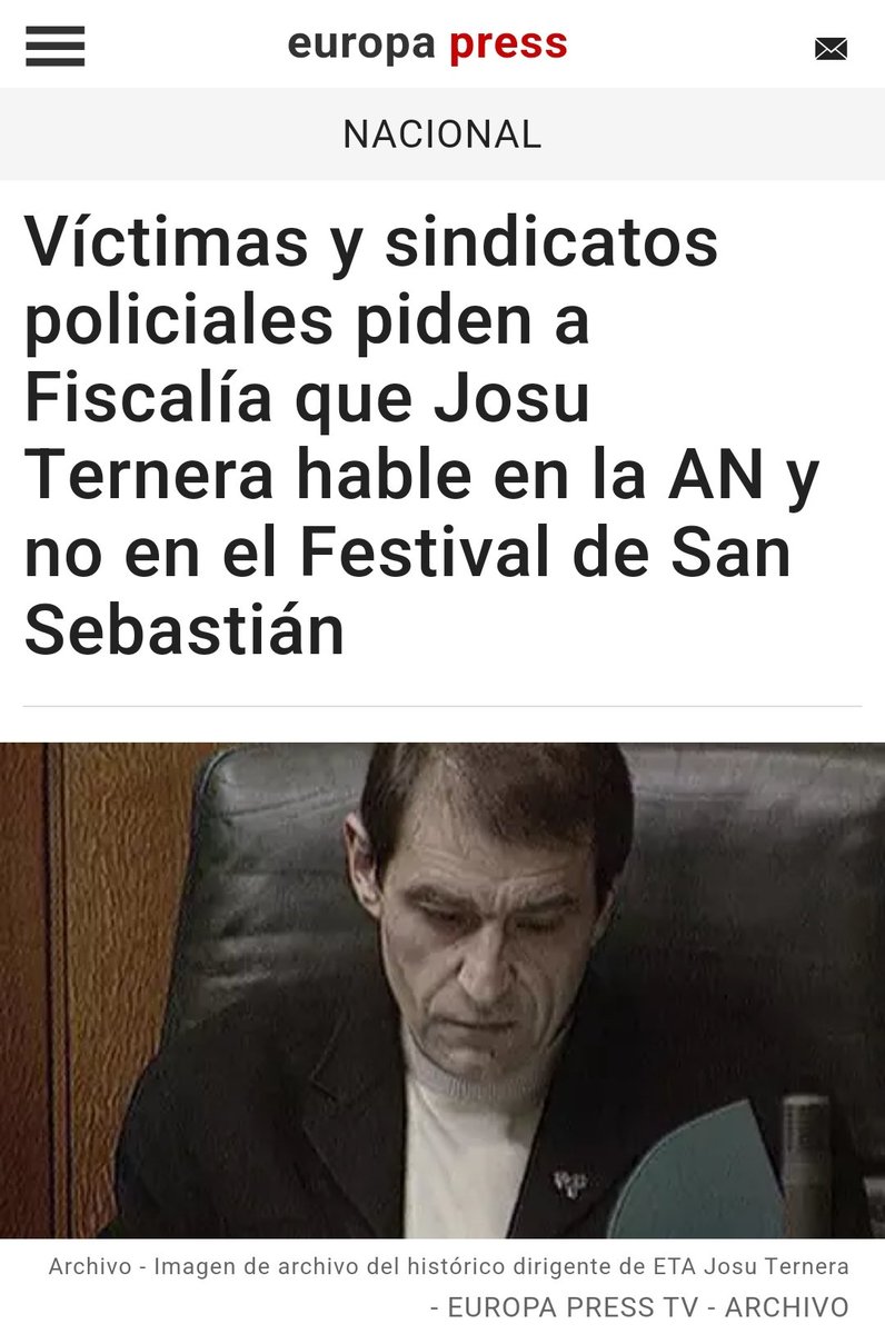 ❌️Desde #SUP nos oponemos a que se le dé voz a los #Terroristas
🤬Josu Ternera, el que fuera jefe de #ETA ha sido entrevistado por <a href="/jordievole/">Jordi Évole</a> y será emitido en el Festival de San Sebastián
379 crímenes siguen esperando a que testifique este asesino confeso
#SupConLasVíctimas