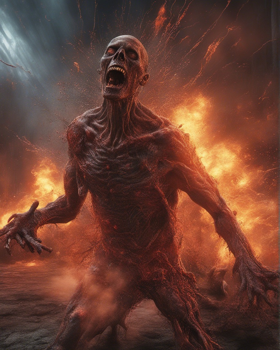 TheChromeThrone's tweet image. Unveiling my latest AI art: A zombie who&apos;s just too hot to handle! Literally, there&apos;s an explosion going off behind him. Talk about going out with a bang! 💥🧟‍♂️ #ZombieArt #ExplosiveCreativity #AIart