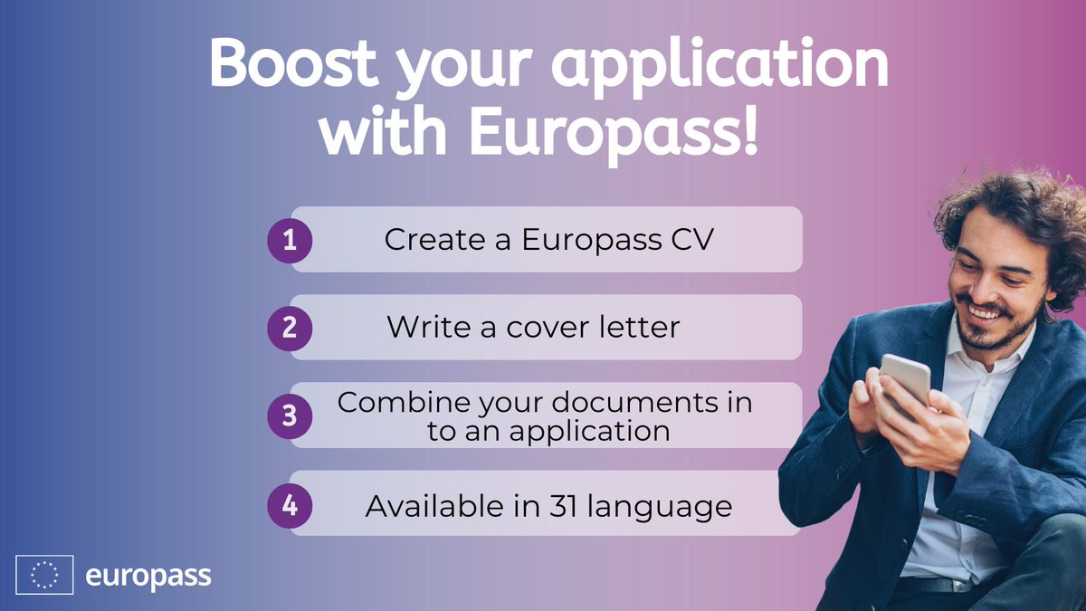 Boost your application with Europass! 💼

🖋️ Step 1: Create your Europass CV: Create a strong CV that highlights your skills.

📝 Step 2: Write your cover letter: Write an appropriate cover letter using the Europass templates.

🔗Step 3: Seamless submission: Combine your CV,