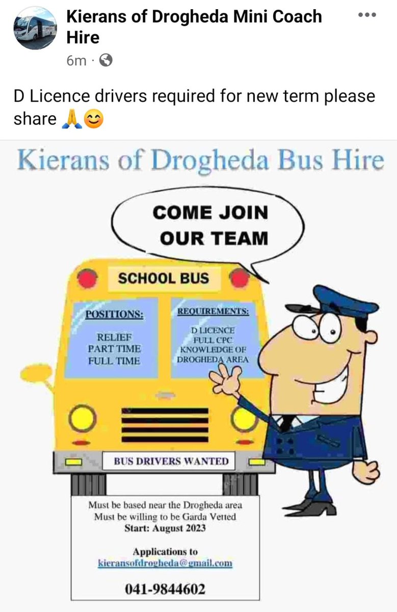 🚍🚌D licence Bus Drivers Required🚌🚍
FULL-TIME, PART-TIME &amp; RELIEF POSITIONS.
Up to date CPC &amp; good knowledge of Drogheda area.
Contact us for more information.

#jobfairy #lookforlouth #busdriver #jobs #Louth #Drogheda