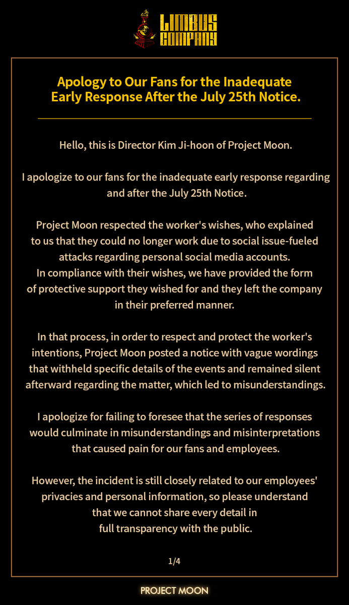 [7.25 공지와 이후의 미흡한 초기 대처에 관하여 팬분들께 사과드립니다. - 1]
[7月25日の告知とその後の不十分な初期対処に関してファンの方々にお詫び申し上げます。-1]
[Apology to Our Fans for the Inadequate Early Response After the July 25th Notice. - 1]

store.steampowered.com/news/app/19735…

#LCB