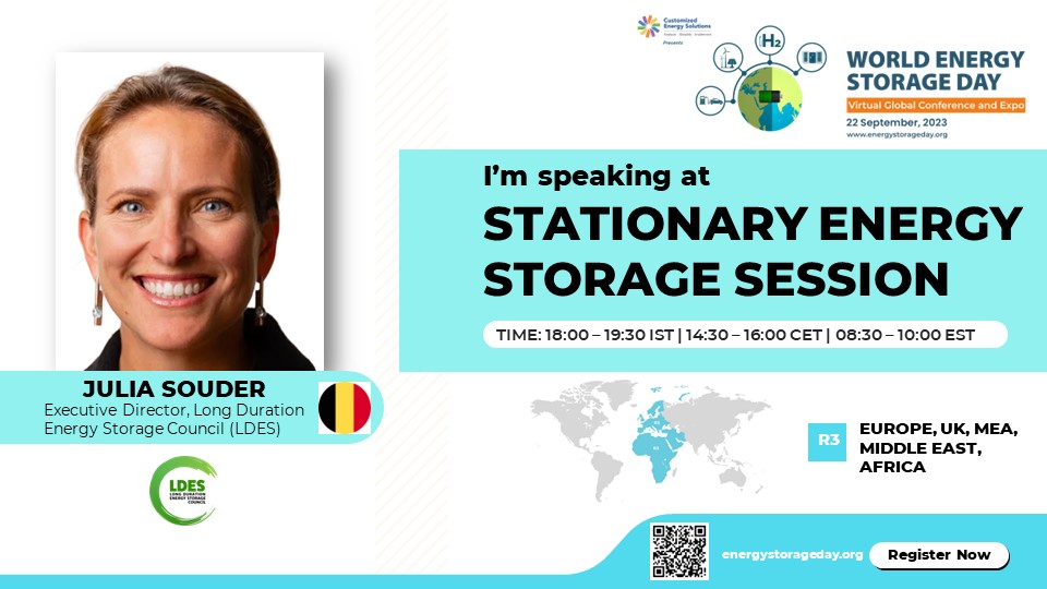 We welcome Julia Souder, Executive Director From Long Duration Energy Storage Council (LDES Council) as our speaker for #WESD #2023.
She will be speaking in the R3- #Stationaryenergystorage session.

To interact with her, register at: lnkd.in/dXKwbsm7