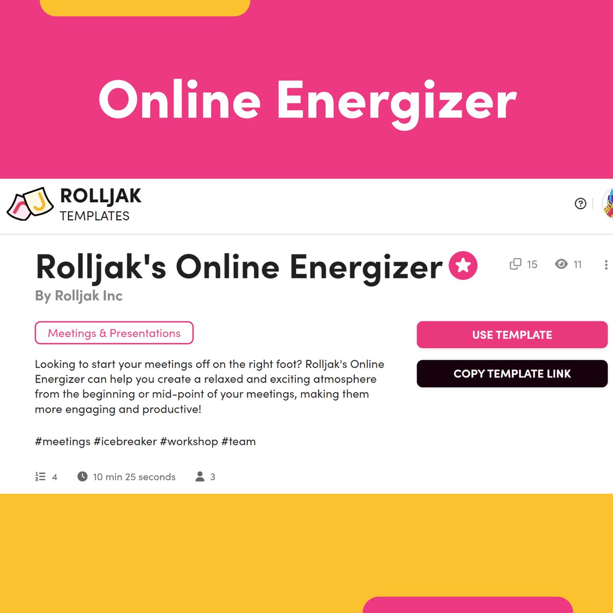 rolljak's tweet photo. Start your meetings off right with Rolljak's Online Energizer Session Template. It adds energy and engagement whether you're beginning or midway. Give it a try in your next meeting by clicking here!

https://t.co/npZtl751Ts

#Monday #template #rolljak https://t.co/eDrQWMAEDM
