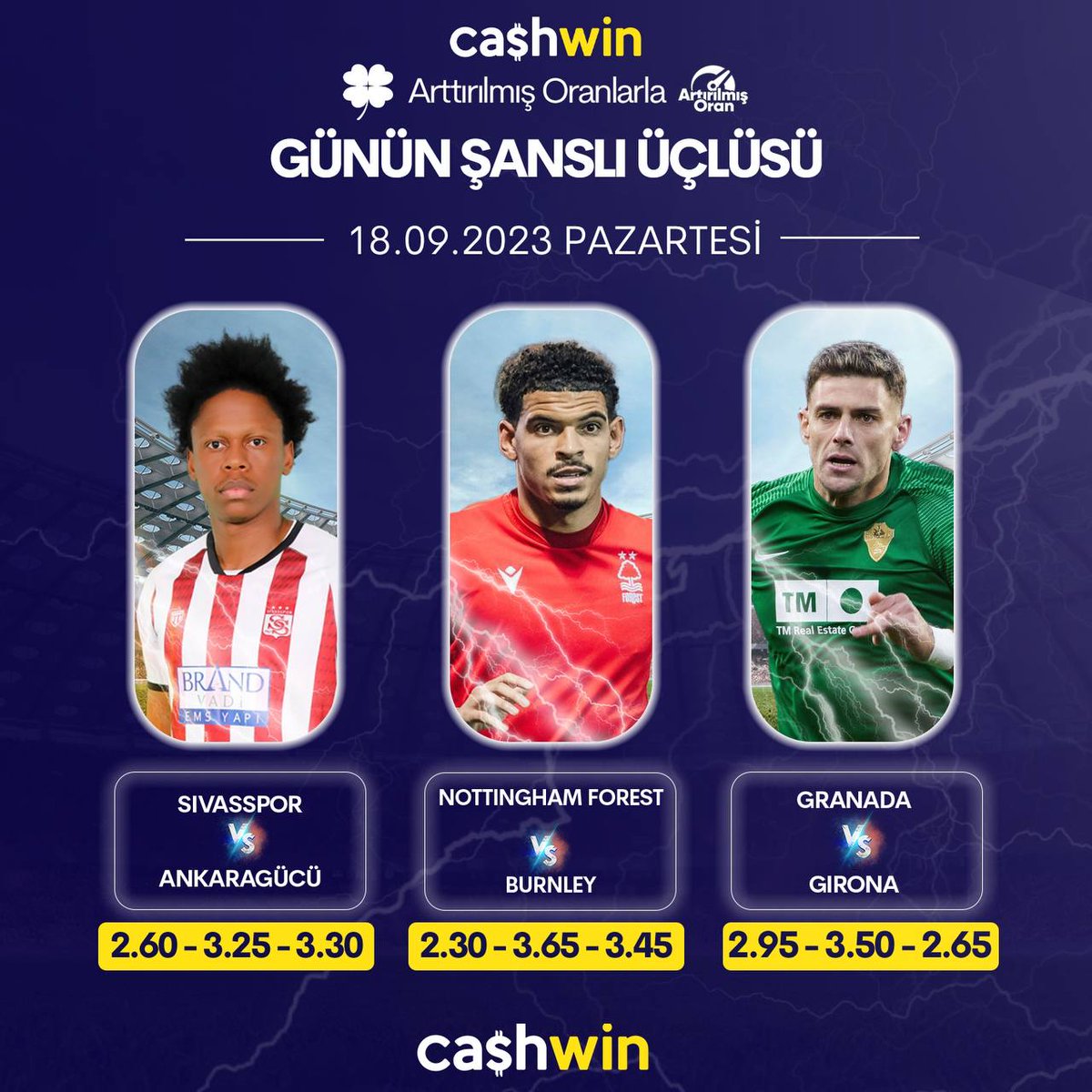 Arttırılmış oranlarla günün şanslı üçlüsü☘️

⚽️Sivasspor - Ankaragücü
⚽️Nottingham Forest - Burnley
⚽️Granada - Girona

Çevrimsiz bonusunu al, arttırılmış oranlarla kuponunu oluştur, kazanmaya başla!