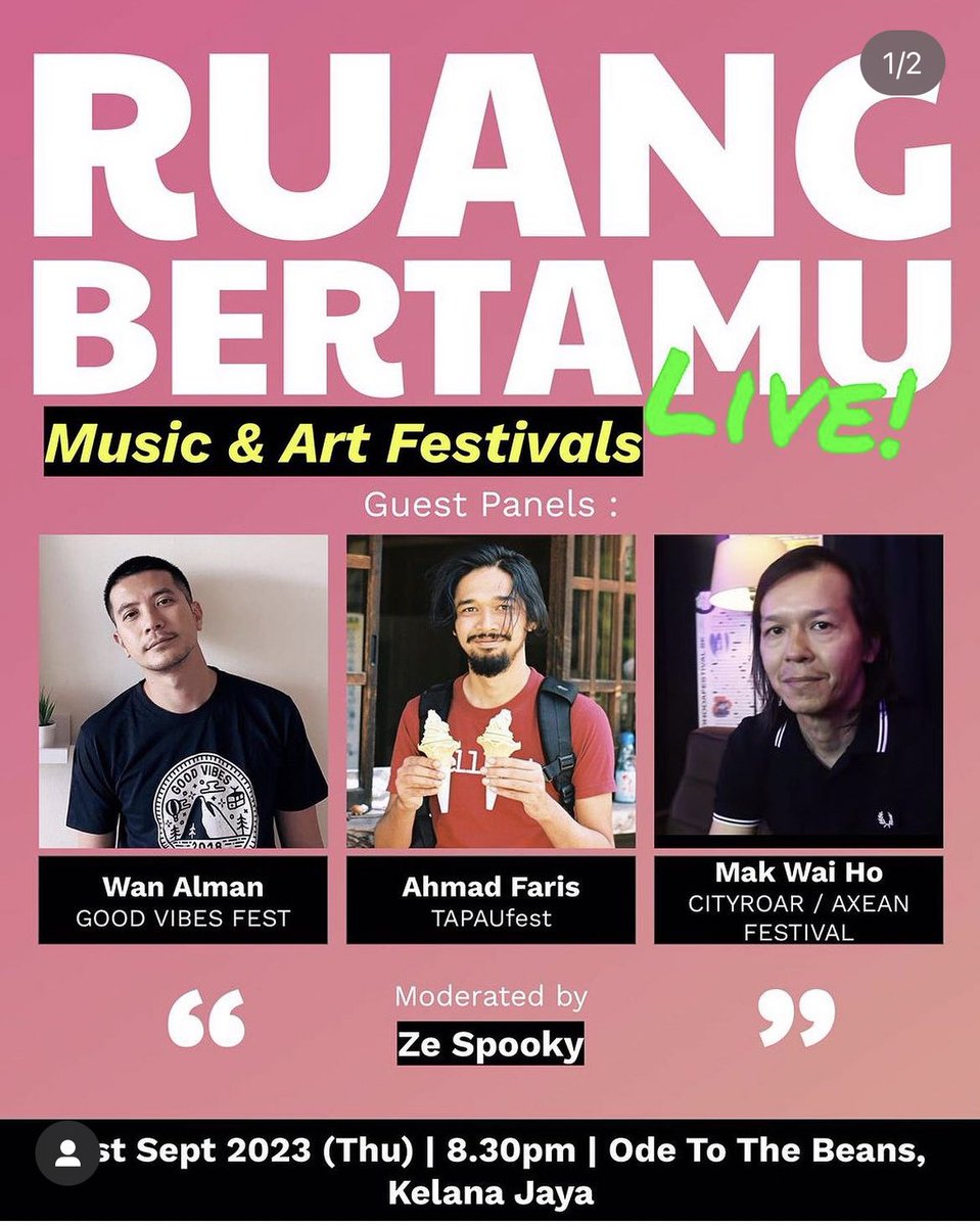 Ruang Bertamu is back!

First up; the most talked abt topic in the past few months: music &amp; arts festival.

 Featuring Alman from <a href="/GoodVibesFest/">Good Vibes Festival</a>, <a href="/fungusinthemilk/">Ahmad Faris</a> from <a href="/tapaufest/">TAPAUfest</a> and Mak from <a href="/CityRoarsFestMY/">City ROARS! Festival</a> 

Physical attendance ada, live streaming pun ada. See you guys!