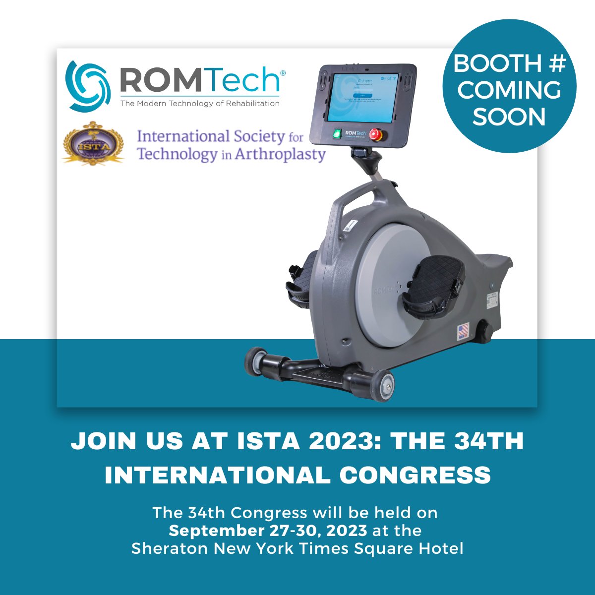 Join us at ISTA 2023: The 34th International Congress next week!
Learn about rehabbing with ROMTech at bit.ly/3snQucI 

#arthroplasty #ista2023 #orthopedics #MedTech