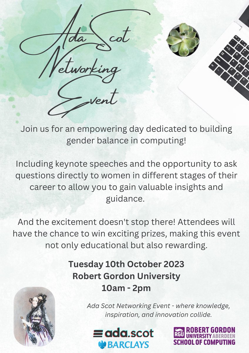 rgusocet's tweet photo. The School of Computing is so excited to partner with Ada Scotland on our upcoming Ada Scot Networking Event!

For this pilot event we have invited 6 local schools but do register your interest with Ada Scotland if you'd like to join us next year!

#womeninstem https://t.co/0uY1LPcBMQ