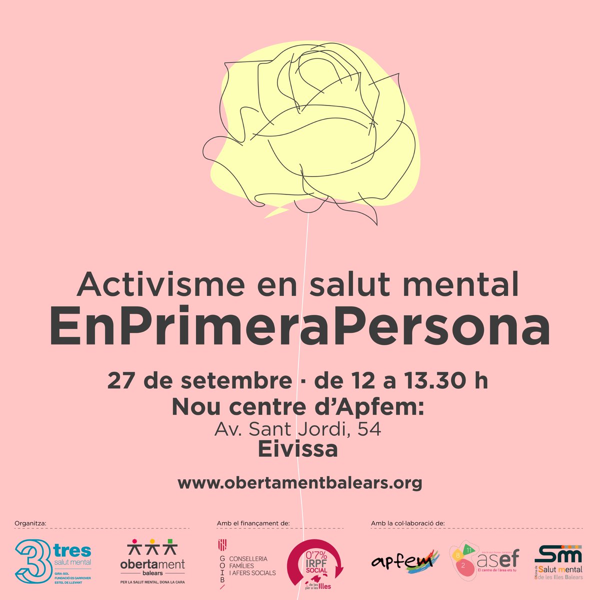 Vols conèixer millor en què consisteix l'activisme en salut mental en primera persona? 
El 27 de setembre t'esperam a la nova seu d'@APFEM a Eivissa!
#ObertamentBalears #IRPFSocial @GOIB_Social @OSMIB_IBSalut