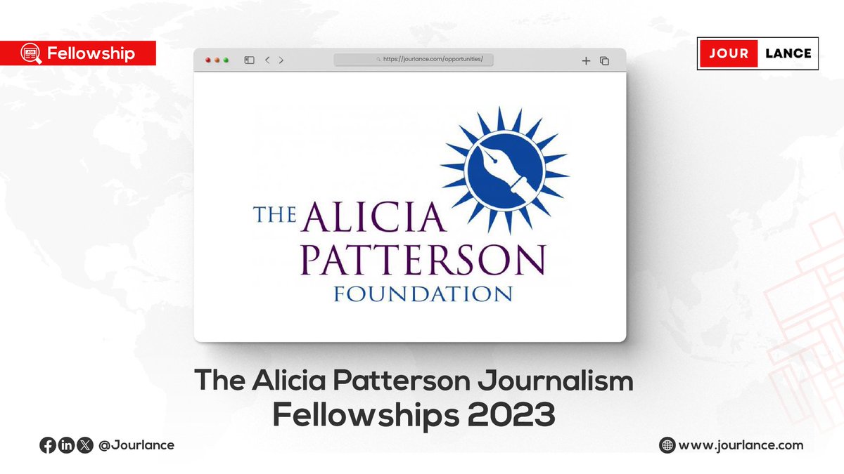 Jourlance's tweet photo. Calling print journalists and freelancers! The Alicia Patterson Foundation is offering fellowships to pursue impactful journalism projects. Don't miss this opportunity and apply before November 1st, 2023.

Check the link below for more details:
https://t.co/ObkGGxq1V3 https://t.co/IEL9TH97sF