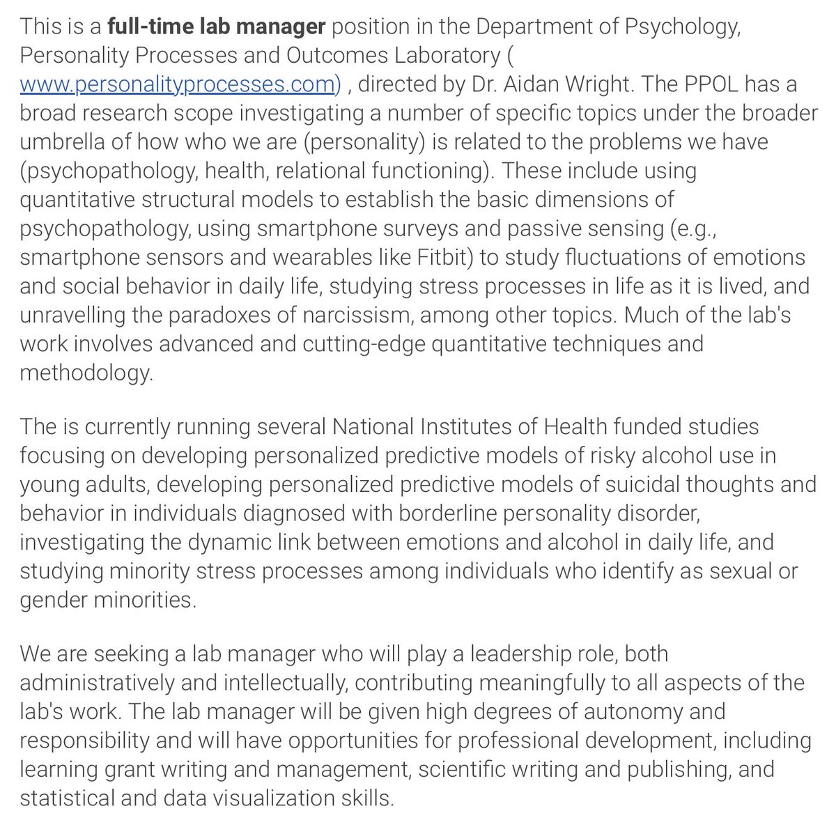 🚨 I'm hiring a lab manager! 🚨 Ideally a Sr lab manager w/ several years experience and at least a masters who will play a leadership role in an active and dynamic lab studying personality and psychopathology. Please share with potential candidates! careers.umich.edu/job_detail/239…