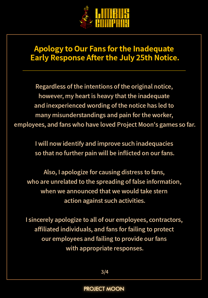 [7.25 공지와 이후의 미흡한 초기 대처에 관하여 팬분들께 사과드립니다. - 3]
[7月25日の告知とその後の不十分な初期対処に関してファンの方々にお詫び申し上げます。- 3]
[Apology to Our Fans for the Inadequate Early Response After the July 25th Notice. - 3]

store.steampowered.com/news/app/19735…

#LCB