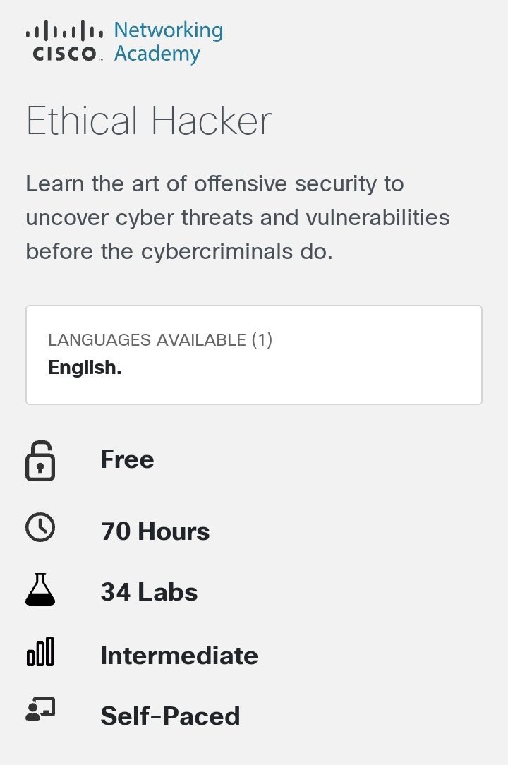 Hello my upcoming Hackers I’m dropping this here, it’s a free ethical hacking course from Cisco with 70 hours of content and 34 hands on labs. Make good use🎈. Link : skillsforall.com/course/ethical…