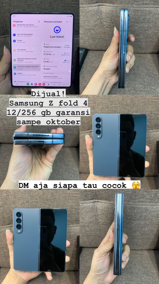 dessyariy's tweet image. Dijual!
Samsung Z fold 4 
12/256GB (garansi sampe bln oktober)
Warna blue coral.
#samsung #second #hpsecond