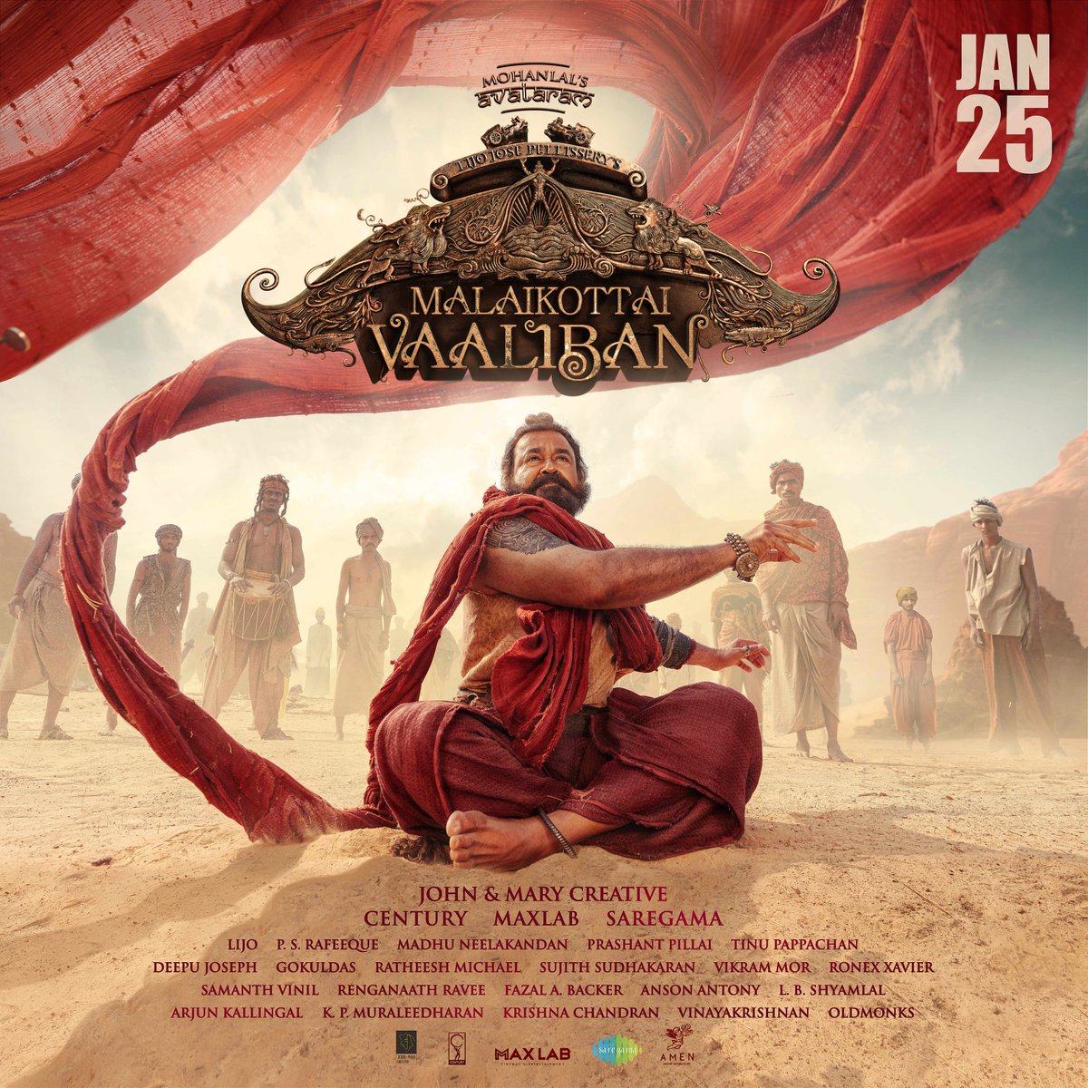 The countdown has begun! Vaaliban is arriving in theatres worldwide on 25th January 2024! #VaalibanOnJan25 #MalaikottaiVaaliban @mrinvicible @shibu_babyjohn @achubabyjohn @mesonalee @danishsait #johnandmarycreative #maxlab @VIKME @sidakumar @YoodleeFilms @saregamasouth