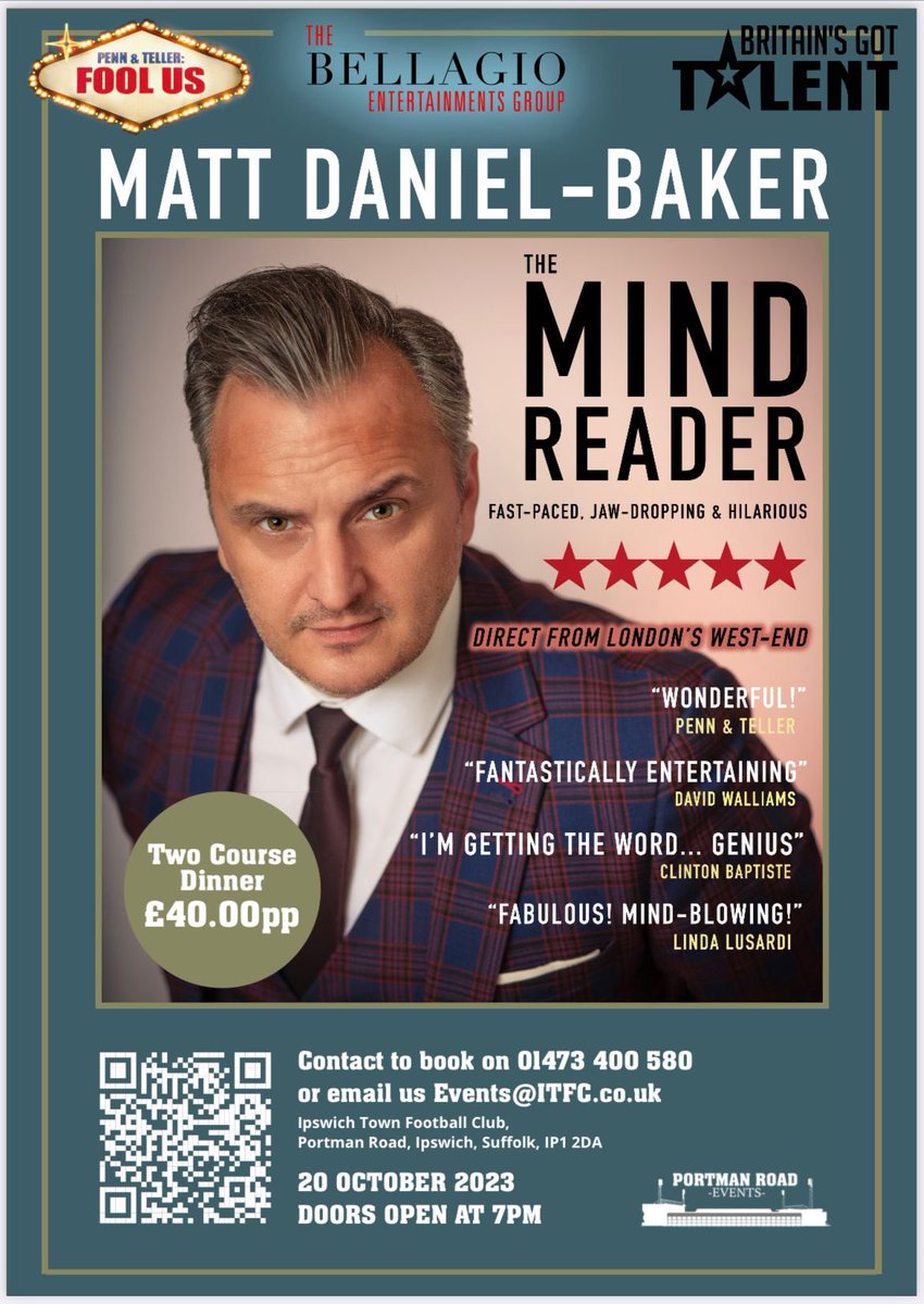 Matt Daniel-Baker (@mattdanielbaker) on Twitter photo *** 20th October @ 7pm ***
A dinner and show evening at Ipswich Town FC
A fantastic evening with a wonderful table magician thru dinner & after-dinner show from West-End Mind Reader, Matt Daniel-Baker. 🤯🤯🤯
Tickets : events@itfc.co.uk or calling on 01473400580
<a href="/IpswichTown/">Ipswich Town</a> *** 20th October @ 7pm ***
A dinner and show evening at Ipswich Town FC
A fantastic evening with a wonderful table magician thru dinner & after-dinner show from West-End Mind Reader, Matt Daniel-Baker. 🤯🤯🤯
Tickets : events@itfc.co.uk or calling on 01473400580
<a href="/IpswichTown/">Ipswich Town</a>