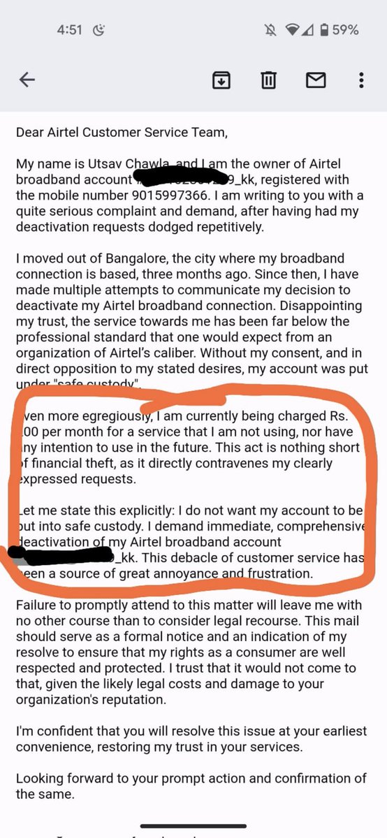 utsav_chawla's tweet photo. @Nithin0dha A similar dark abusive pattern exists in the telecom industry also. I just left a rented flat and have been trying to deactivate my broadband account for two months. 

I have even sent legal warnings to @airtelindia but it has been of no use. https://t.co/oN90XTa5Qx