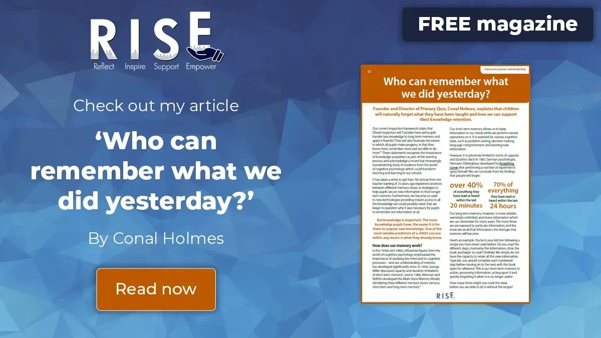 My first #RISEEduMag article 'Who can remember what we did yesterday?' is now available 😀 

Read the full article and more here 👉 buff.ly/38NQsSH 

#RISEEduMag #Education #PrimarySchools #Teachers