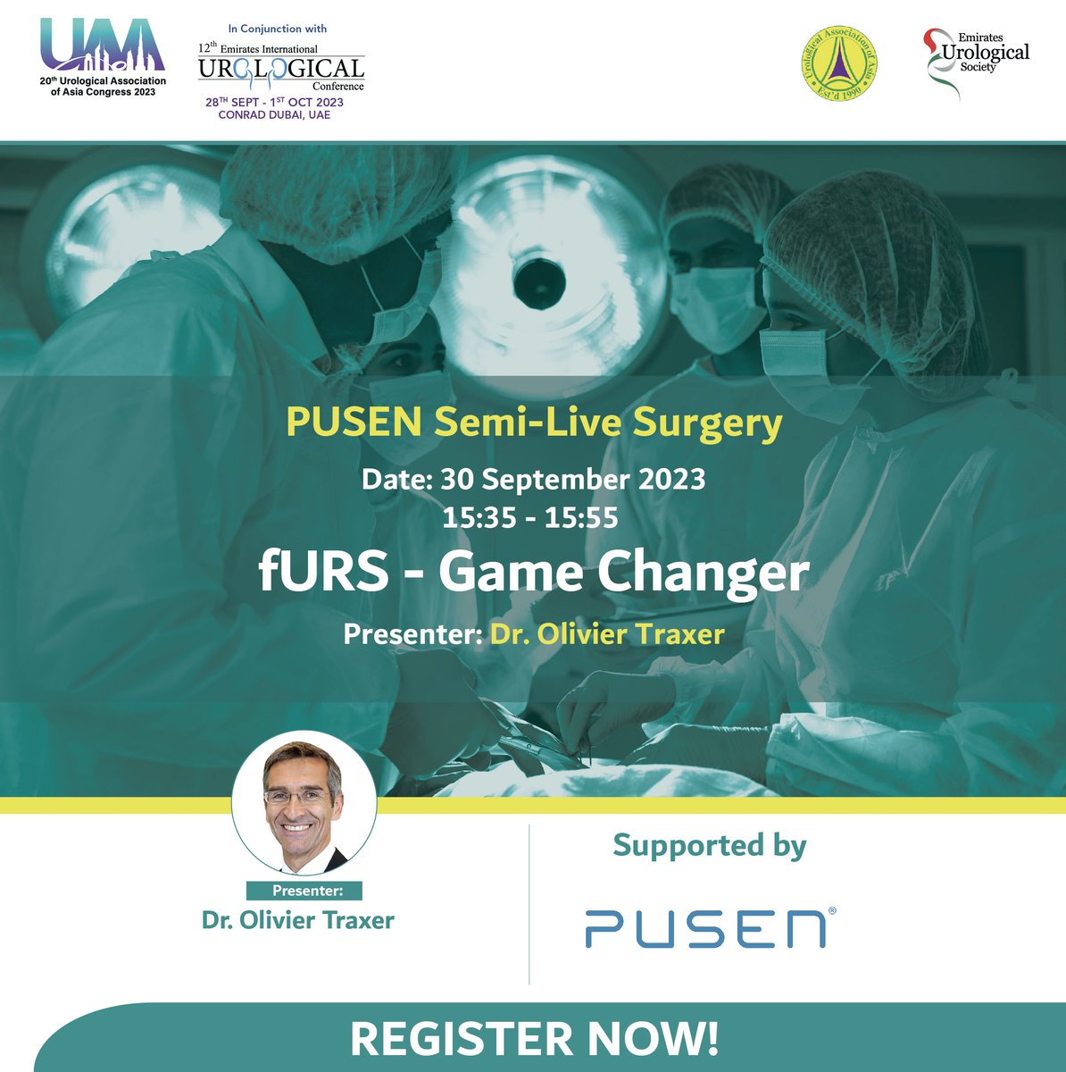 EUSC2026's tweet photo. Witness Urological Mastery in Action with @PusenMedical Semi-Live Surgery Session on ​fURS - Game Changer performed by Olivier Traxer at #UAAEUSC2023 on the 30th of September 2023

Register Now: https://t.co/gsW433f3Cc

#urology #medicaladvancements #medicalconference  @OTRAXER https://t.co/6jskqalI3W