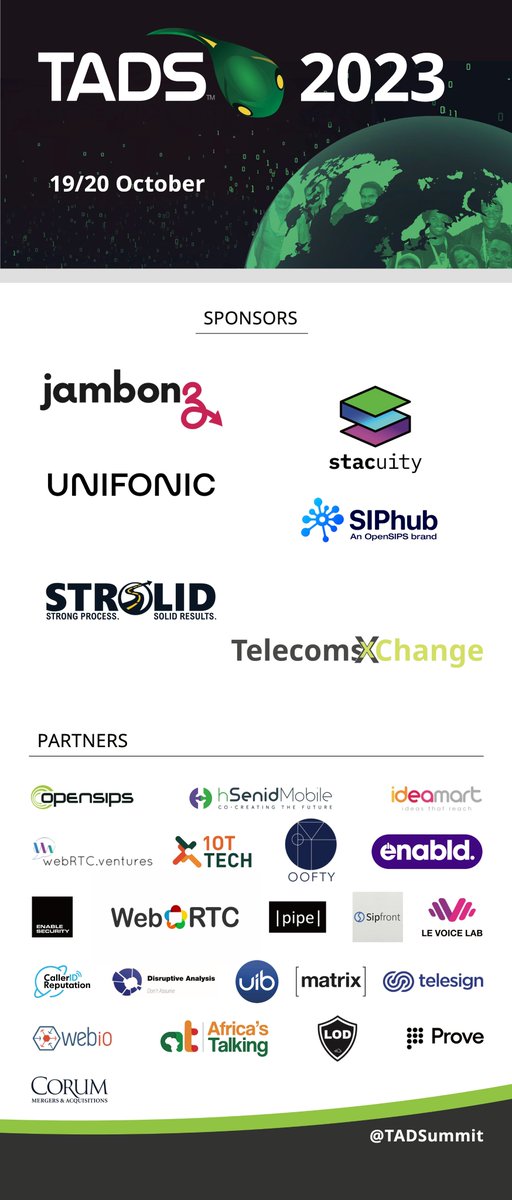 Alan Quayle (@alan_quayle) on Twitter photo The <a href="/TADSummit/">TADSummit</a> 2023 Banner is ready!
TADSummit 2023: lnkd.in/e8apFNCB
Registration and Logistics: lnkd.in/dNQs9wqA
Timed Agenda: lnkd.in/e4EzdpSn
Content Agenda: lnkd.in/dKYHmVuf
<a href="/TelecomsXChange/">TelecomsXChange (TCXC)</a> #stacuity @STROLID <a href="/jambonz4/">jambonz</a> <a href="/Unifonic/">Unifonic | يونيفونك</a> <a href="/siphub_com/">SIPhub</a> The <a href="/TADSummit/">TADSummit</a> 2023 Banner is ready!
TADSummit 2023: lnkd.in/e8apFNCB
Registration and Logistics: lnkd.in/dNQs9wqA
Timed Agenda: lnkd.in/e4EzdpSn
Content Agenda: lnkd.in/dKYHmVuf
<a href="/TelecomsXChange/">TelecomsXChange (TCXC)</a> #stacuity @STROLID <a href="/jambonz4/">jambonz</a> <a href="/Unifonic/">Unifonic | يونيفونك</a> <a href="/siphub_com/">SIPhub</a>