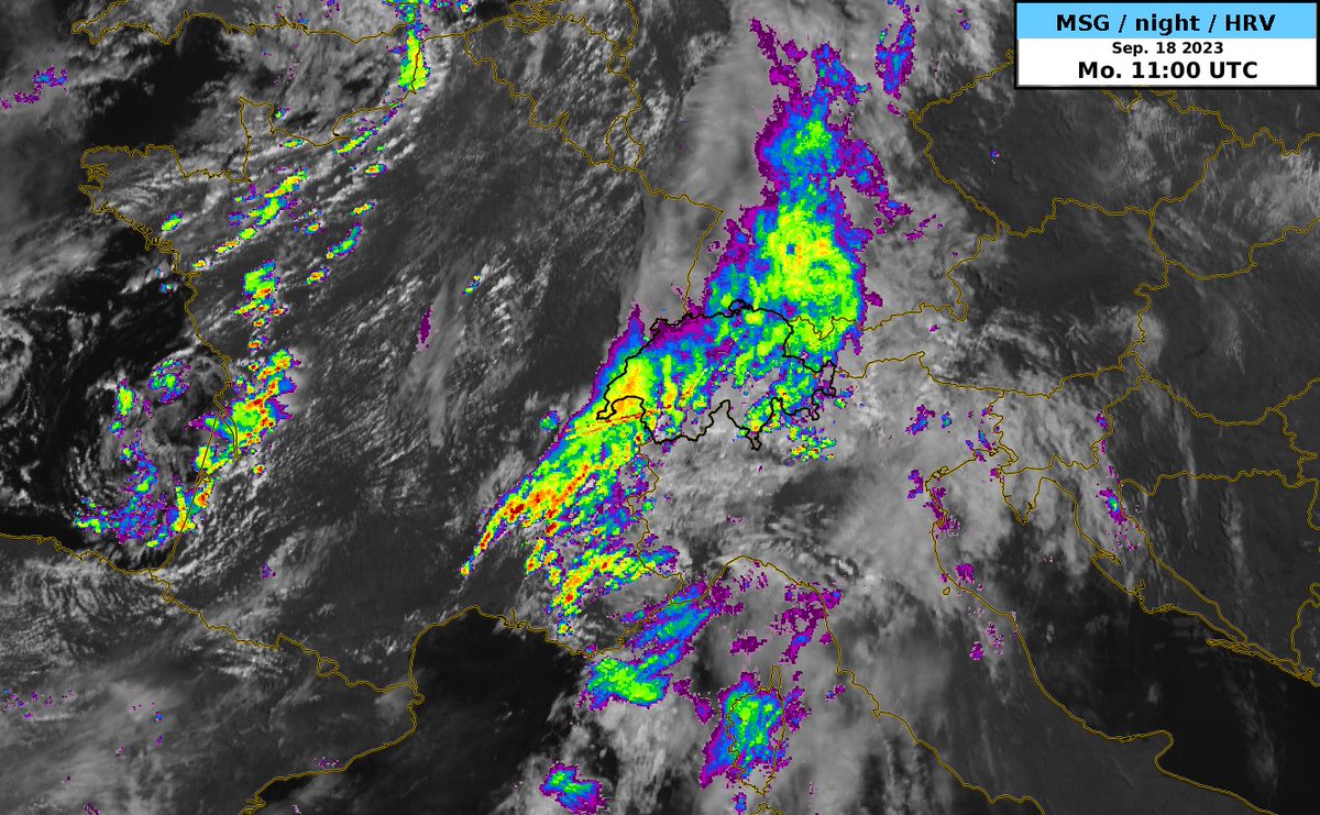 meteoschweiz's tweet photo. Eine #Kaltfront hat die Schweiz erreicht. Besonders in der Genferseeregion sind die Niederschläge teils gewittrig durchsetzt. Dahinter fliesst vorübergehend trockenere Luft von Frankreich her zur Alpennordseite. Das Satelliten- und #Radarbild veranschaulicht die Luftmassengrenze. https://t.co/hS2zxmRBXS