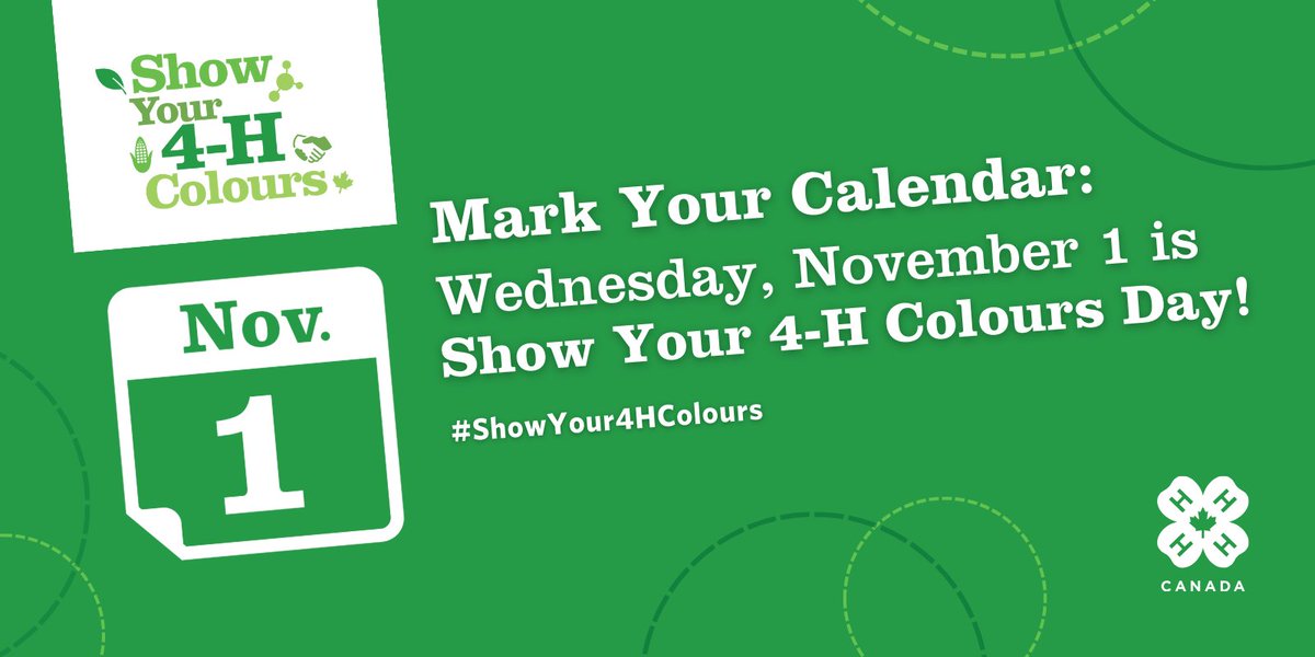 Mark your calendar! 📅 Wednesday, November 1 is #ShowYour4HColours Day! 🍀 Join 4-H’ers from across the country by wearing green, celebrating 4-H, and giving back! 💚 Get all the details at: showyour4hcolours.ca  

<a href="/BASFAgSolutions/">BASF Agricultural Solutions Canada</a>