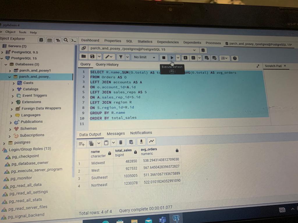 EbuhJuliet's tweet image. 📊 Day 15: SQL Challenge Success! 🤓 Calculated total sales & avg. order value by region with this SQL query. Nailed it! 💪 #SQLAggregation #DataAnalytics #HTTDataChallenge 📈👩💼📊
@phaibooboo , @ImaNjokko , @fresh_gb , @vicSomadina ,
@AtiJoshua , @OMOTOSHOOLAMI15