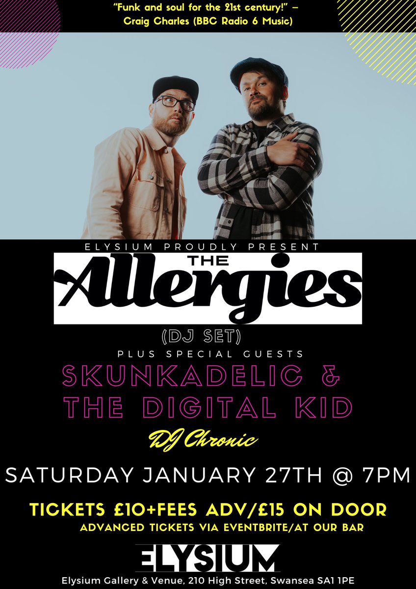 elysium (@elysiumgallery) on Twitter photo We are delighted to announce that at the end of January <a href="/TheAllergiesUK/">The Allergies</a> are coming to Elysium!
Join us for a night of funk & soul from some of the UK's finest acts, with a DJ set from The Allergies headlining a night which includes <a href="/Skunkadelicuk/">Skunkadelic</a> & <a href="/Thedigitalkid/">Rhys Rabaiotti</a> and DJ Chronic. We are delighted to announce that at the end of January <a href="/TheAllergiesUK/">The Allergies</a> are coming to Elysium!
Join us for a night of funk & soul from some of the UK's finest acts, with a DJ set from The Allergies headlining a night which includes <a href="/Skunkadelicuk/">Skunkadelic</a> & <a href="/Thedigitalkid/">Rhys Rabaiotti</a> and DJ Chronic.