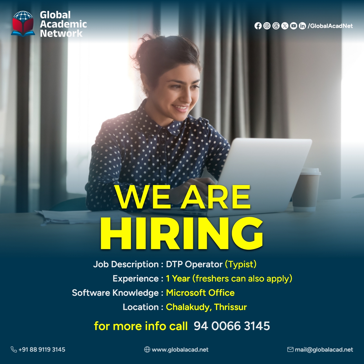 GlobalAcadNet's tweet image. Position: DTP Operator
Location: Chalakudy, Thrissur  

✔ Fresher or Experienced 
✔Should know Malayalam &amp;amp; English language typing
✔ Minimum qualification is Plus Two

 #Hiring #DTP #DTPoperator #Typist #GlobalAcadNet #ThrissurJobs #ChalakudyJobs #KeralaJobs #JobSeeker