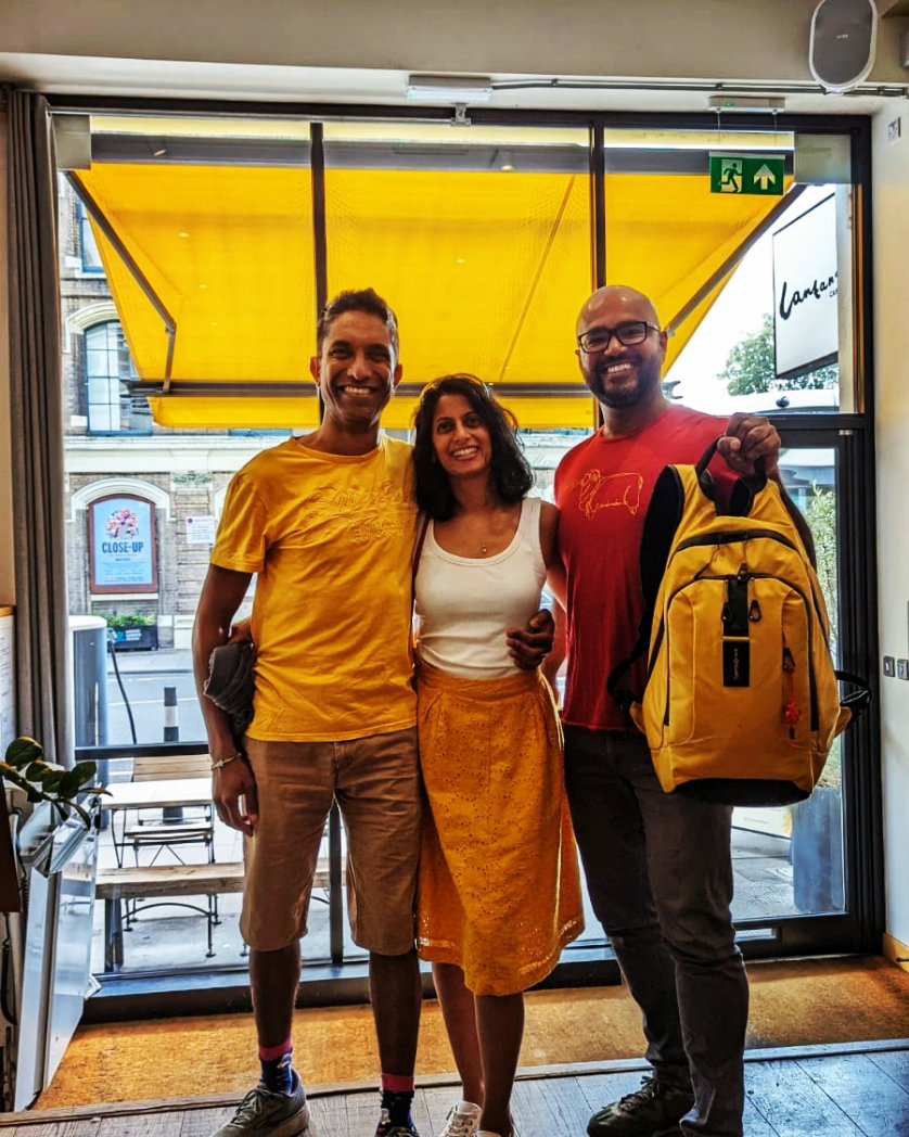 LalithWijedoru's tweet photo. So great to catch up with Jivaka and Mathini Jayasundera visiting from #DownUnder. Lots of #stories to share, including their allegedly coincidental #colour coordination as a couple AND the café interior design. #yellow #Coldplay @lantanalondon #CoupleGoals #universityfriends https://t.co/32CPiWPsEk
